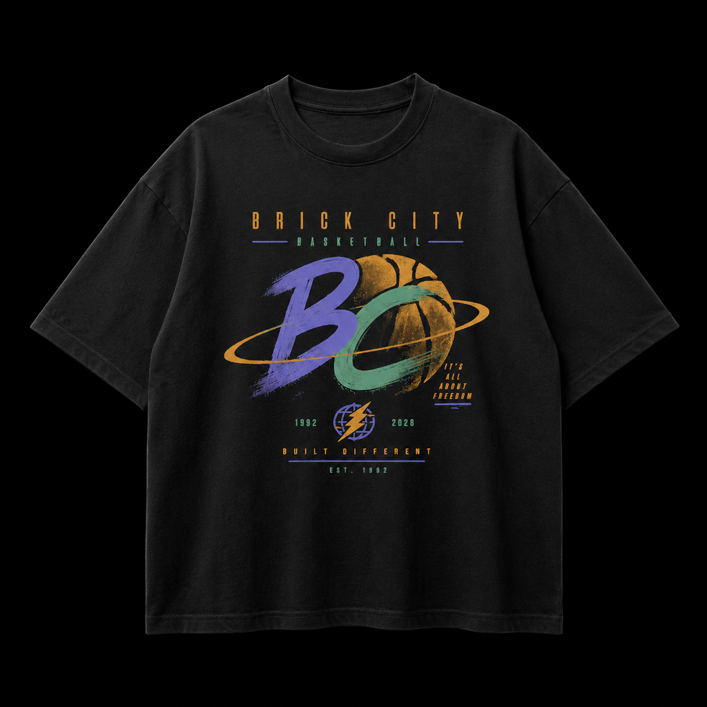 Black t-shirt with colorful graphic design on a black background