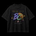 Black t-shirt with colorful graphic design on a black background
