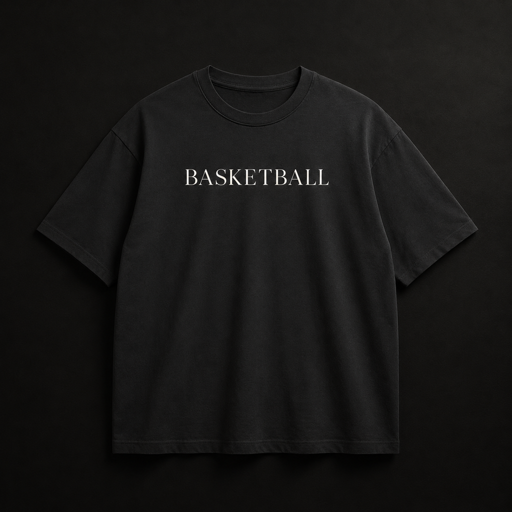 Black t-shirt with 'BASKETBALL' text on a black background
