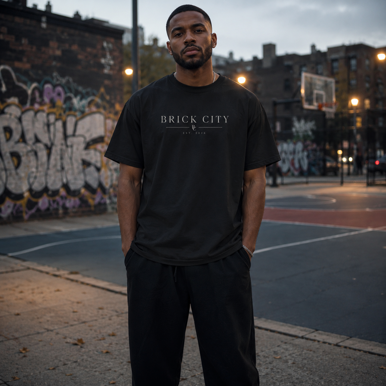 Black t-shirt with 'BRICK CITY' text on a dark textured background