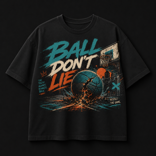 Black t-shirt with 'Ball Don't Lie' graphic design featuring a basketball and text on a dark background