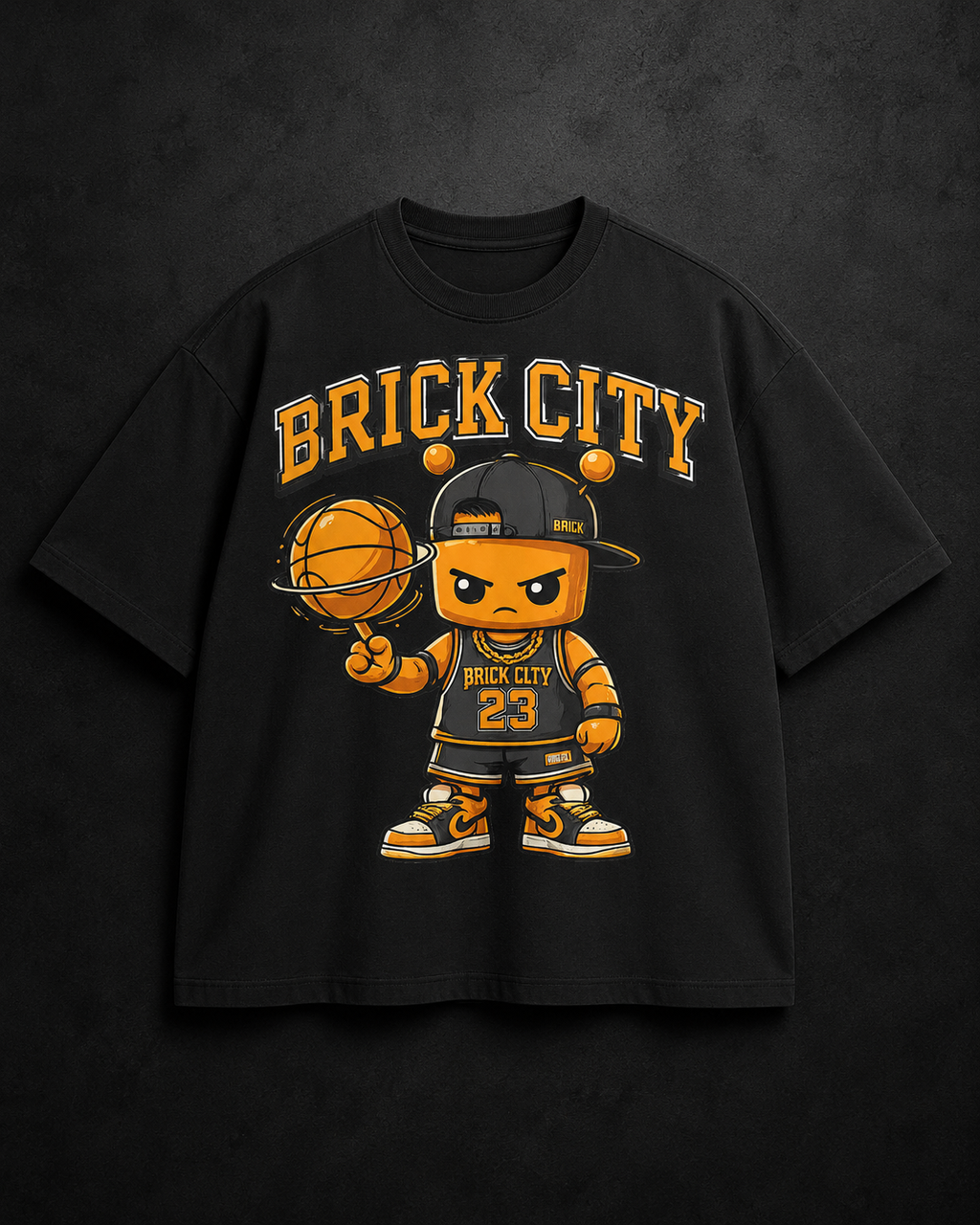 Black t-shirt with 'Brick City' graphic design featuring a cartoon character and basketball on a dark background