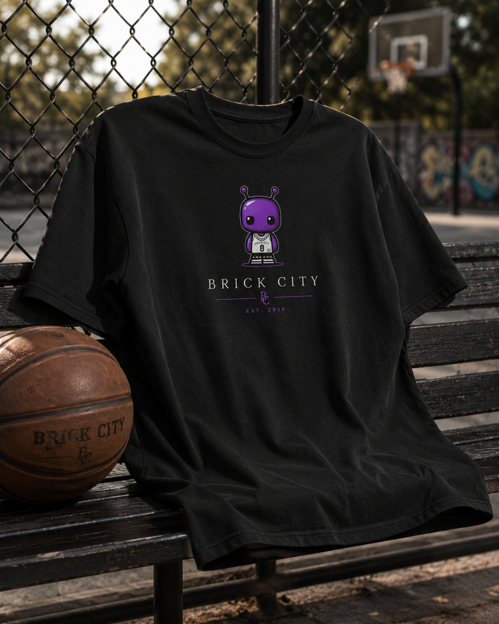 Black t-shirt with 'Brick City' graphic on a bench with a basketball, against a backdrop of a chain-link fence and basketball hoop.