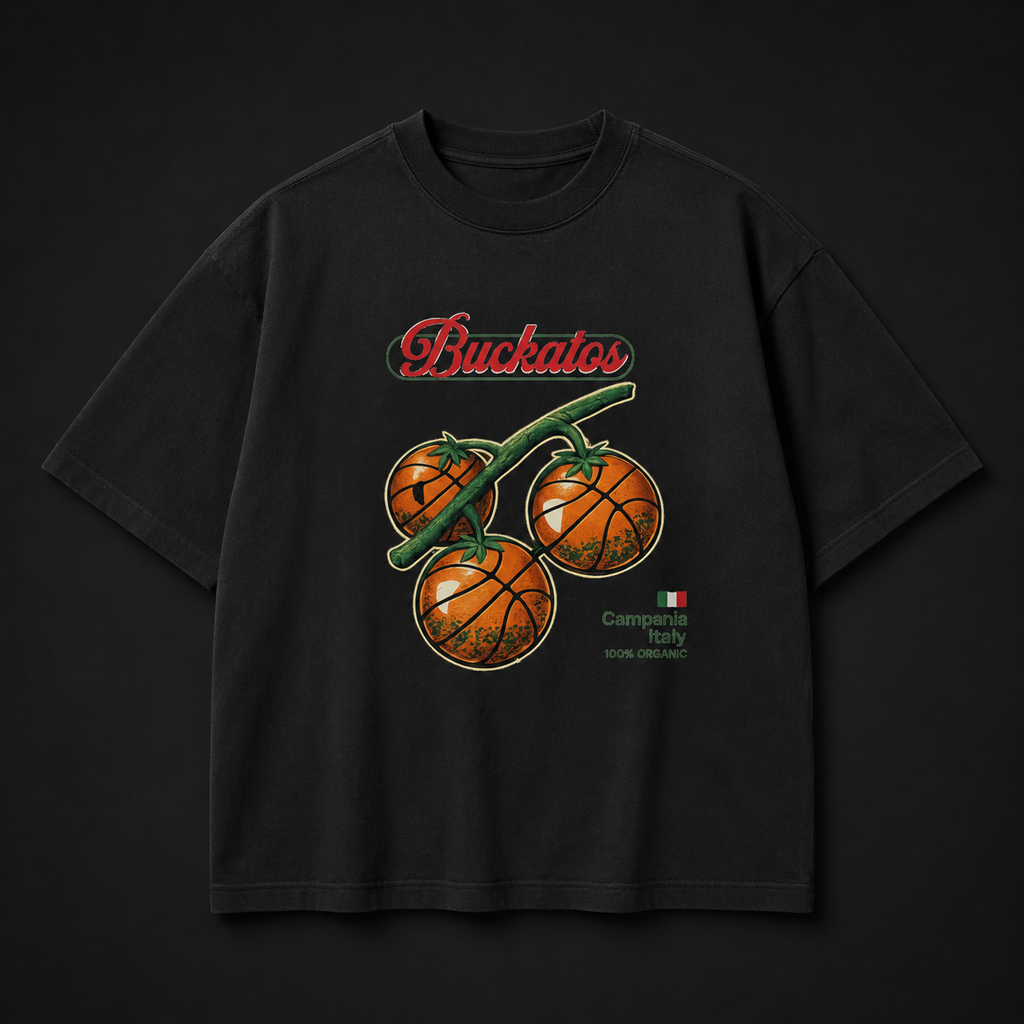 Black t-shirt with 'Buckatos' graphic design featuring basketballs and tomatoes on a dark background