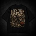 Black t-shirt with 'Lockdown' graphic design featuring a basketball player and ball on a dark background