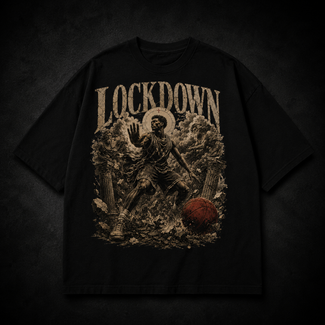 Black t-shirt with 'Lockdown' graphic design featuring a basketball player and ball on a dark background