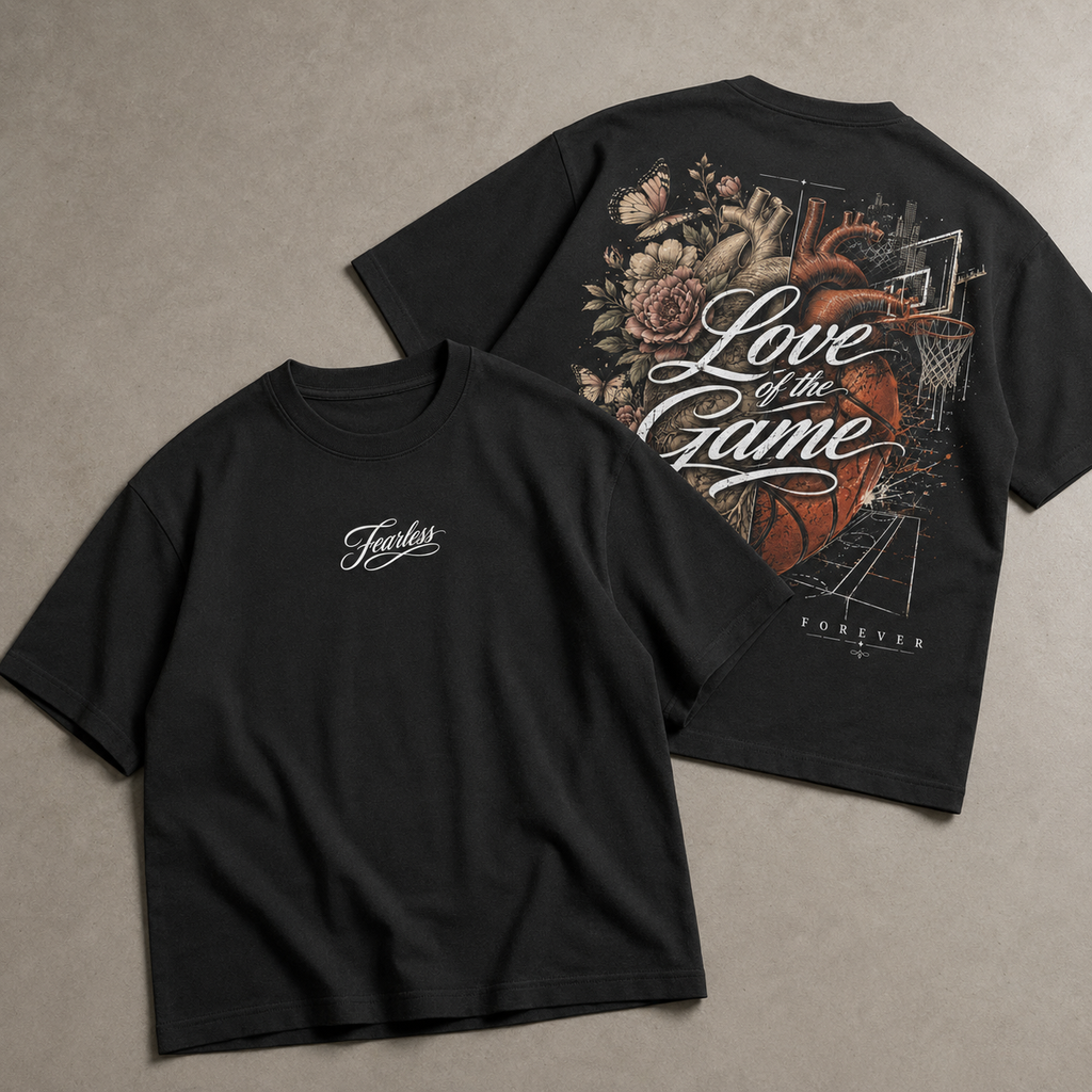 Black t-shirt with 'Love of the Game' design on a beige background