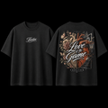 Black t-shirt with 'Love of the Game' design on front and 'Fearless' text on back