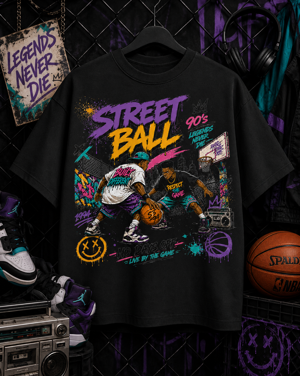 Black t-shirt with 'Street Ball' design featuring basketball players and colorful graphics, displayed on a hanger.