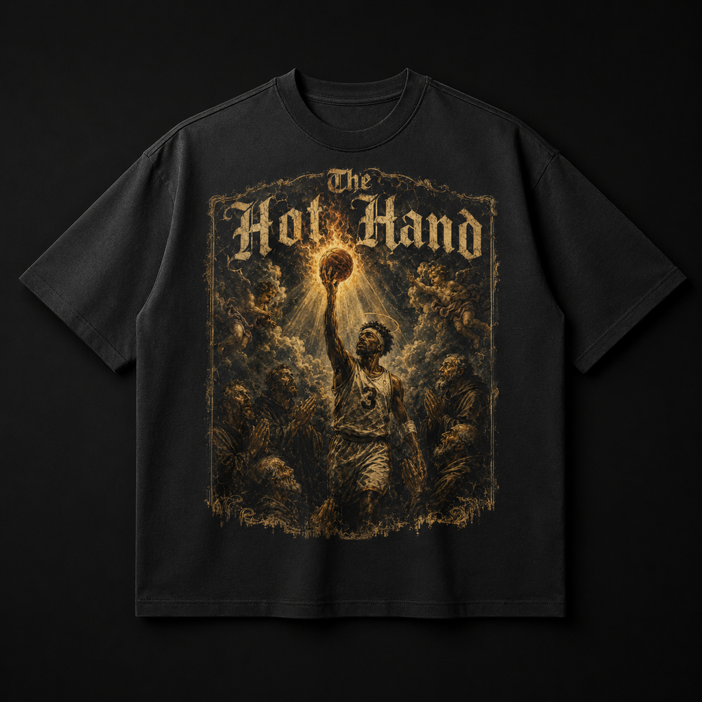 Black t-shirt with 'The Hot Hand' graphic design on a dark background