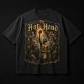 Black t-shirt with 'The Hot Hand' graphic design on a dark background