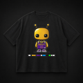 Black t-shirt with a cartoon character design on a dark background
