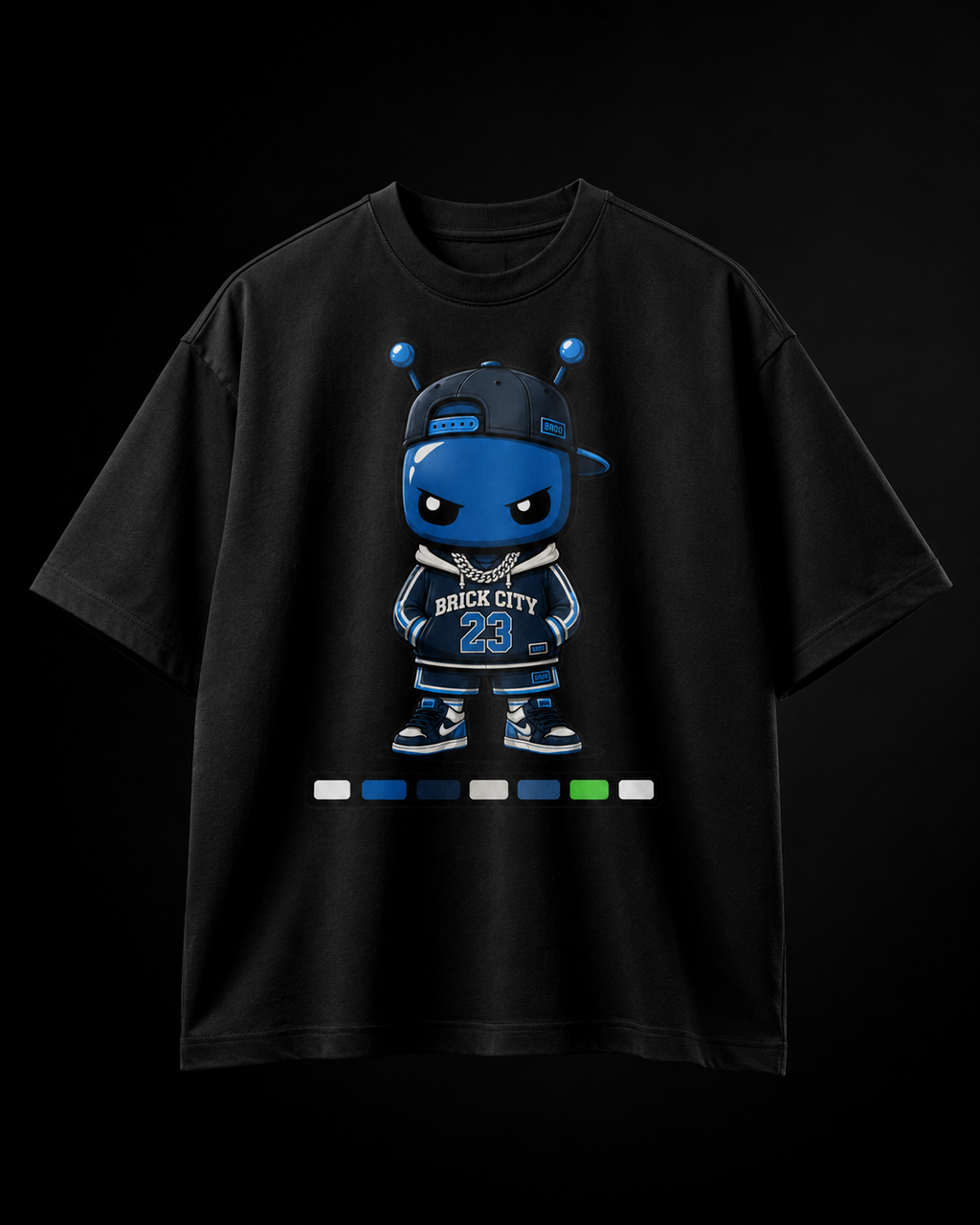 Black t-shirt with a cartoon character wearing a cap and jersey on a black background