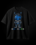 Black t-shirt with a cartoon character wearing a cap and jersey on a black background