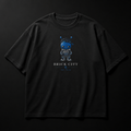 Black t-shirt with a graphic design on a dark background
