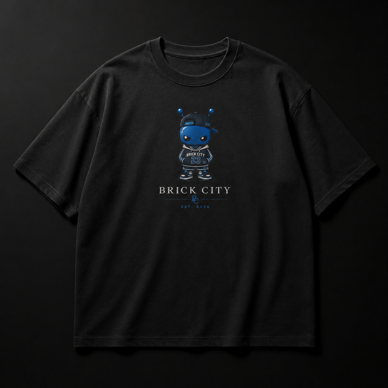 Black t-shirt with a graphic design on a dark background
