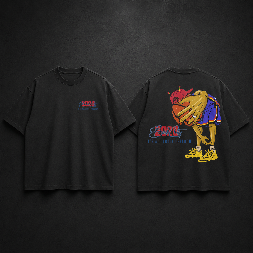 Black t-shirt with a graphic design on the front and back against a dark background