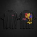 Black t-shirt with a graphic design on the front and back against a dark background