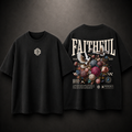 Black t-shirt with a logo on the front and a colorful design on the back against a dark background