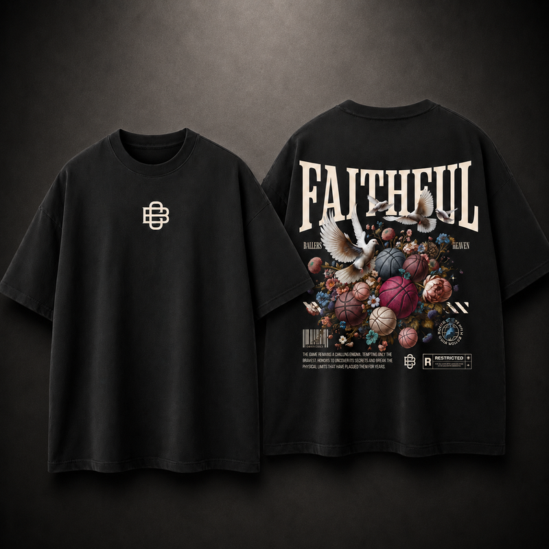 Black t-shirt with a logo on the front and a colorful design on the back against a dark background