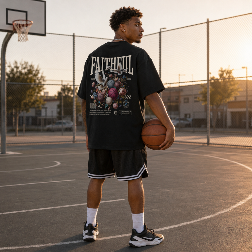 Person holding a basketball on a court with 'FAITHFUL' shirt