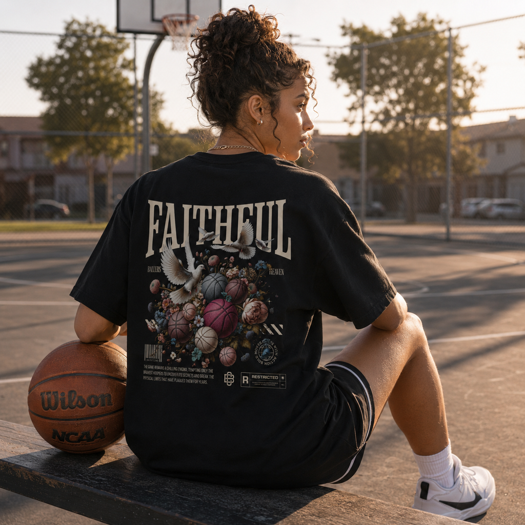 Person sitting on a basketball court holding a basketball, wearing a black t-shirt with a colorful design and text.