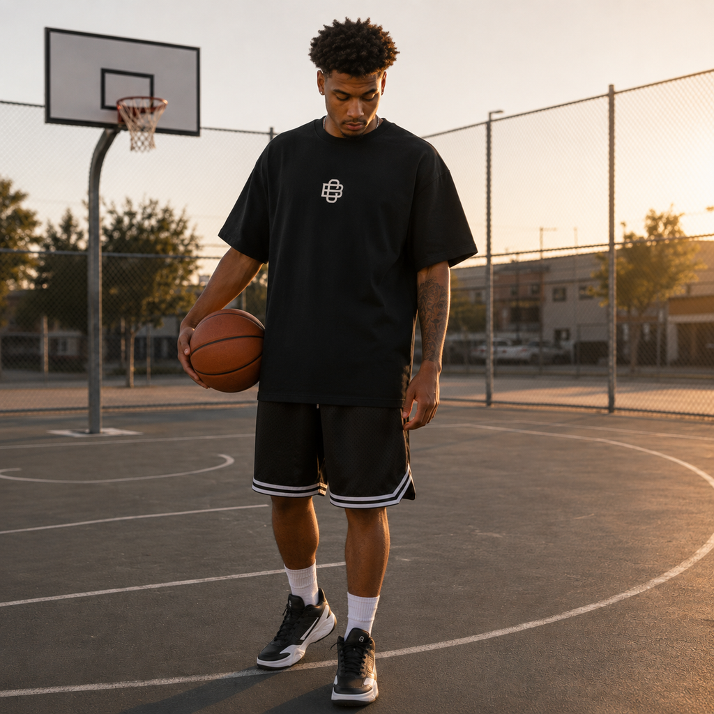 Man holding a basketball on an outdoor court at sunset