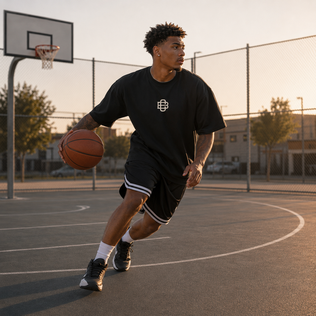 Man holding a basketball on a basketball court with a sunset background