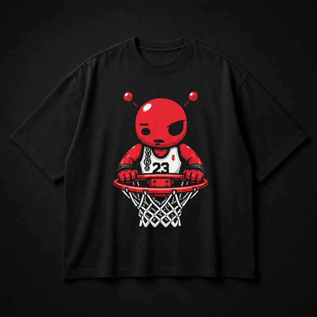 Red Brick Tee black t-shirt with a red alien holding a basketball hoop, flat lay on a dark background