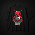 Red Brick Tee black t-shirt with a red alien holding a basketball hoop, flat lay on a dark background