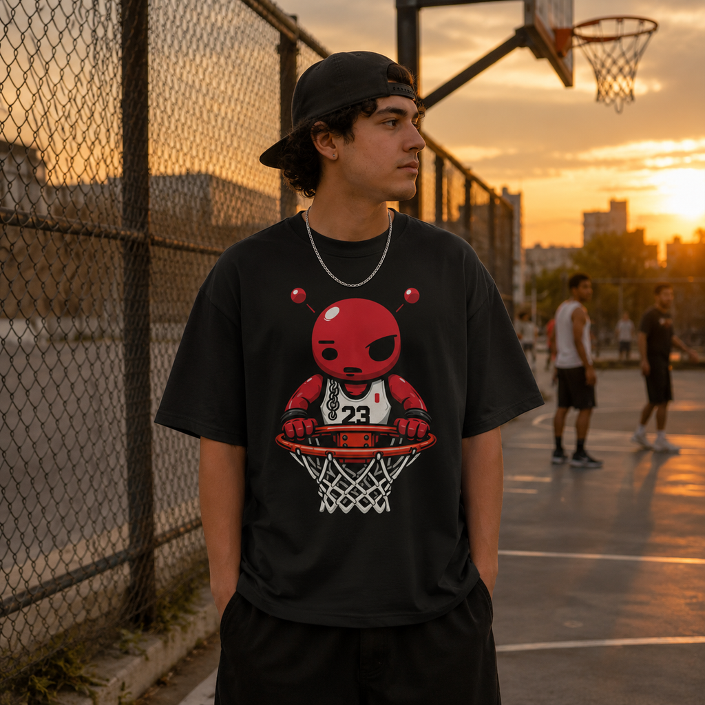 Red Brick Tee black basketball graphic t-shirt front view on a dark background