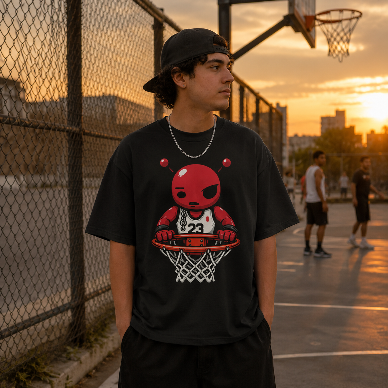 Red Brick Tee black basketball graphic t-shirt front view on a dark background