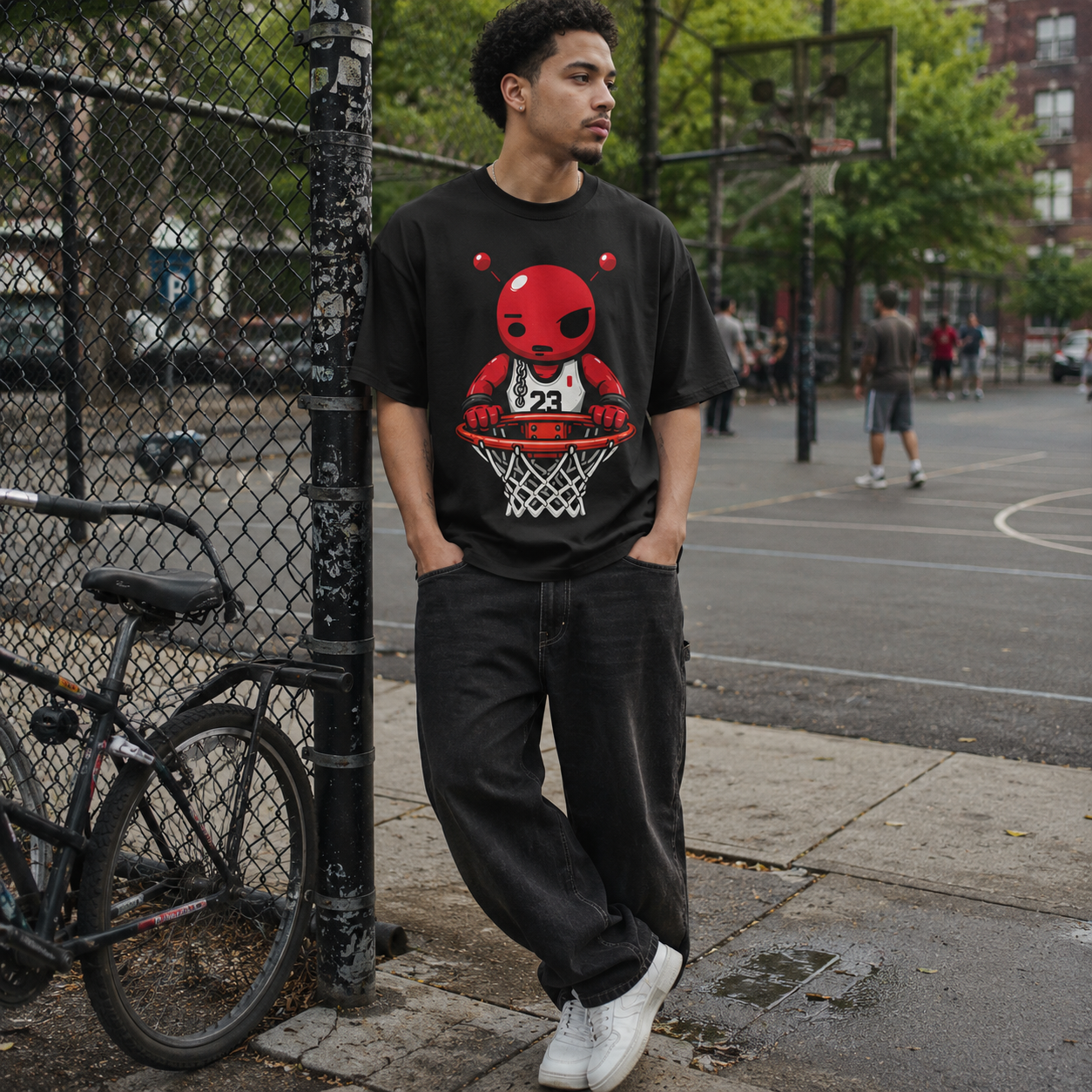 Red Brick Tee black basketball streetwear t-shirt mockup on a dark background