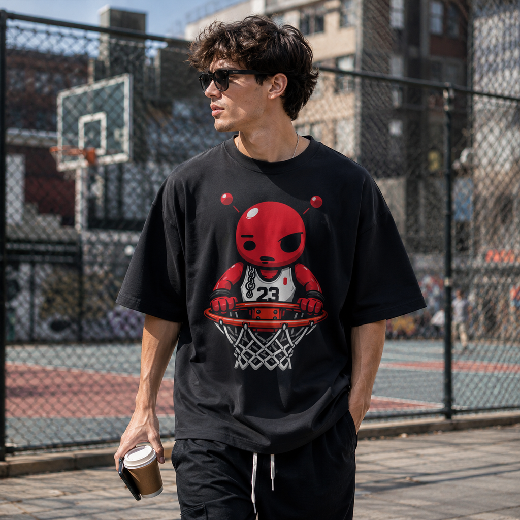 Red Brick Tee red alien basketball graphic close-up on a black t-shirt