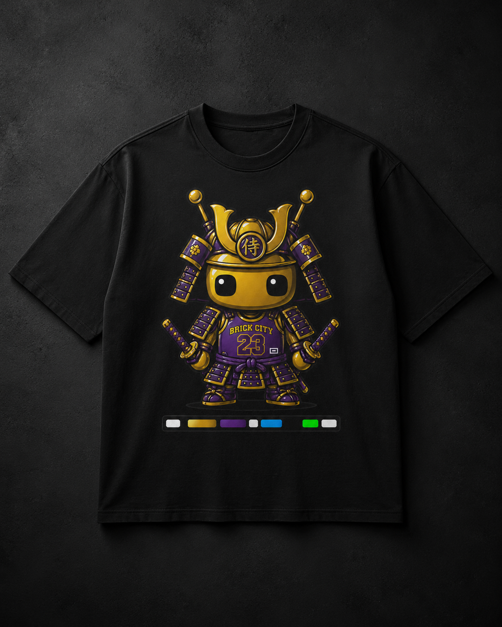 Black t-shirt with a robot graphic in gold and purple on a dark background