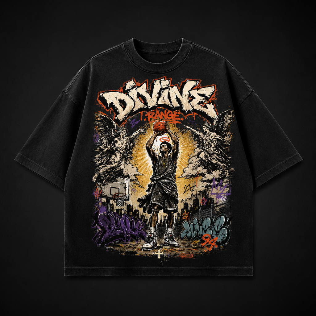 Black t-shirt with colorful graphic design on a black background