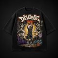 Black t-shirt with colorful graphic design on a black background