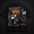 Black t-shirt with colorful streetball design featuring two players and text on a dark background