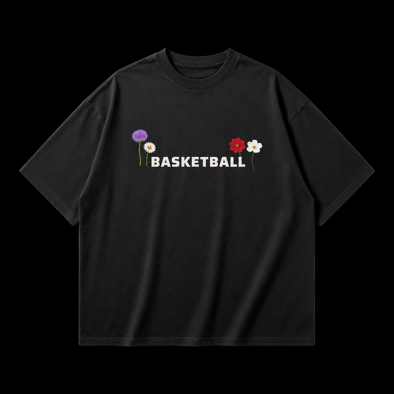 Black t-shirt with floral designs and the word 'BASKETBALL' on a white background