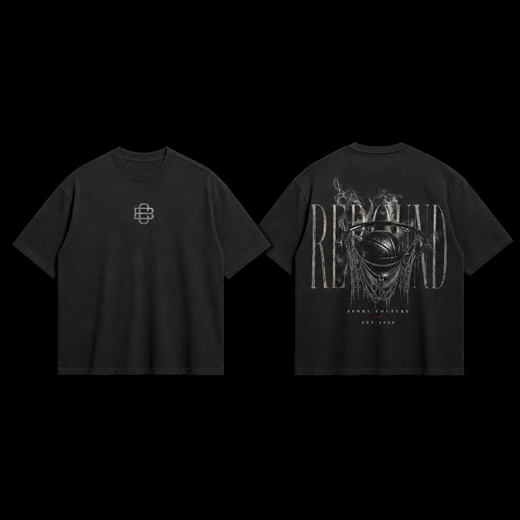 Black t-shirt with front and back designs on a plain background