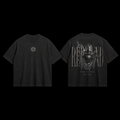 Black t-shirt with front and back designs on a plain background