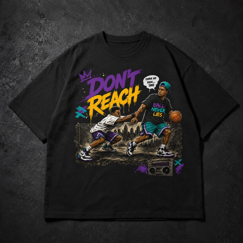 Black t-shirt with graphic design of two basketball players and text on a dark background