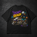 Black t-shirt with graphic design of two basketball players and text on a dark background