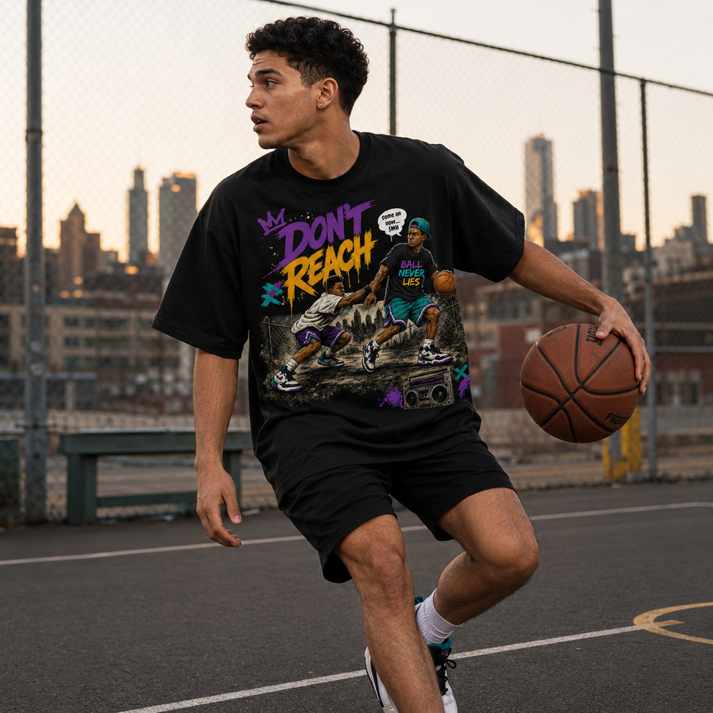 Person holding a basketball on an outdoor court with a city skyline in the background
