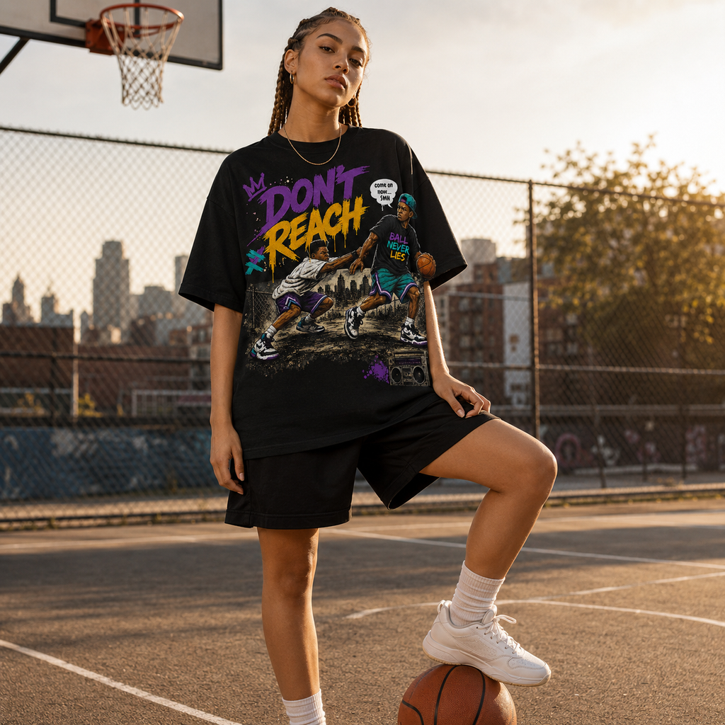 Person wearing a black t-shirt with colorful graphics on a basketball court with a cityscape in the background.