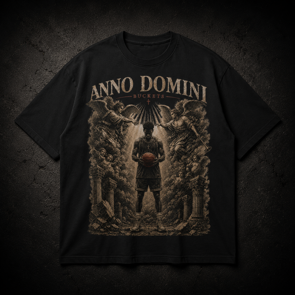 Black Bucket Getter Tee with graphic design and text on a dark textured background