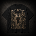 Black Bucket Getter Tee with graphic design and text on a dark textured background