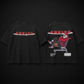 Black t-shirt with graphic design on front and back on a black background