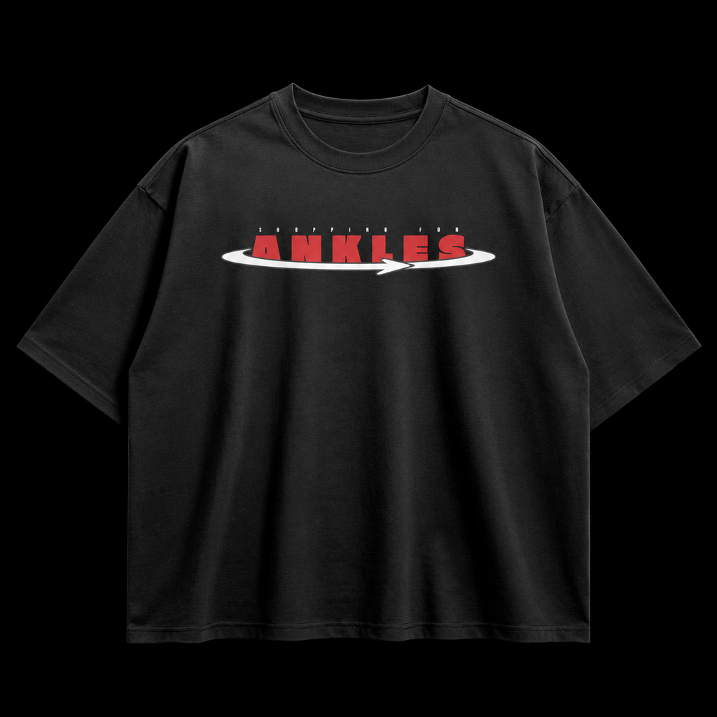 Black t-shirt with red and white graphic design on a black background