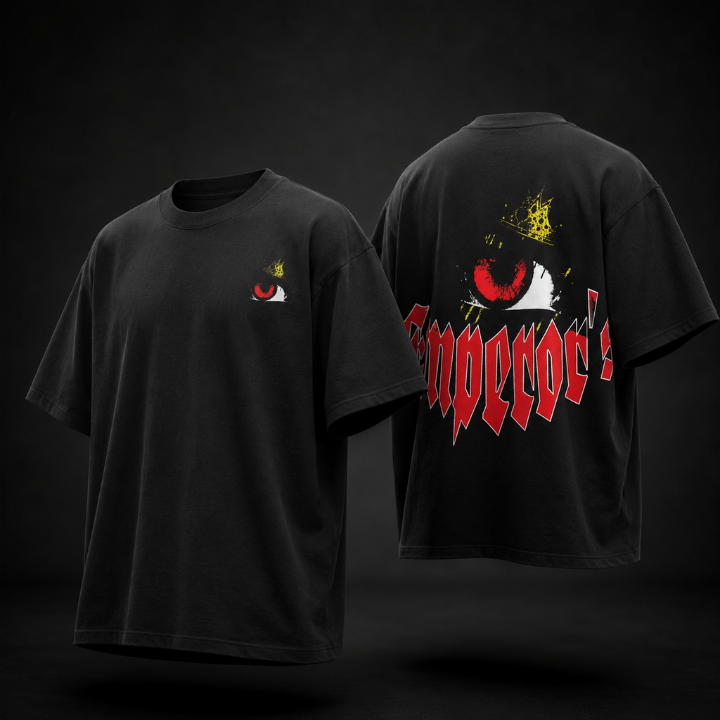 Black t-shirt with red and white graphic design on a dark background